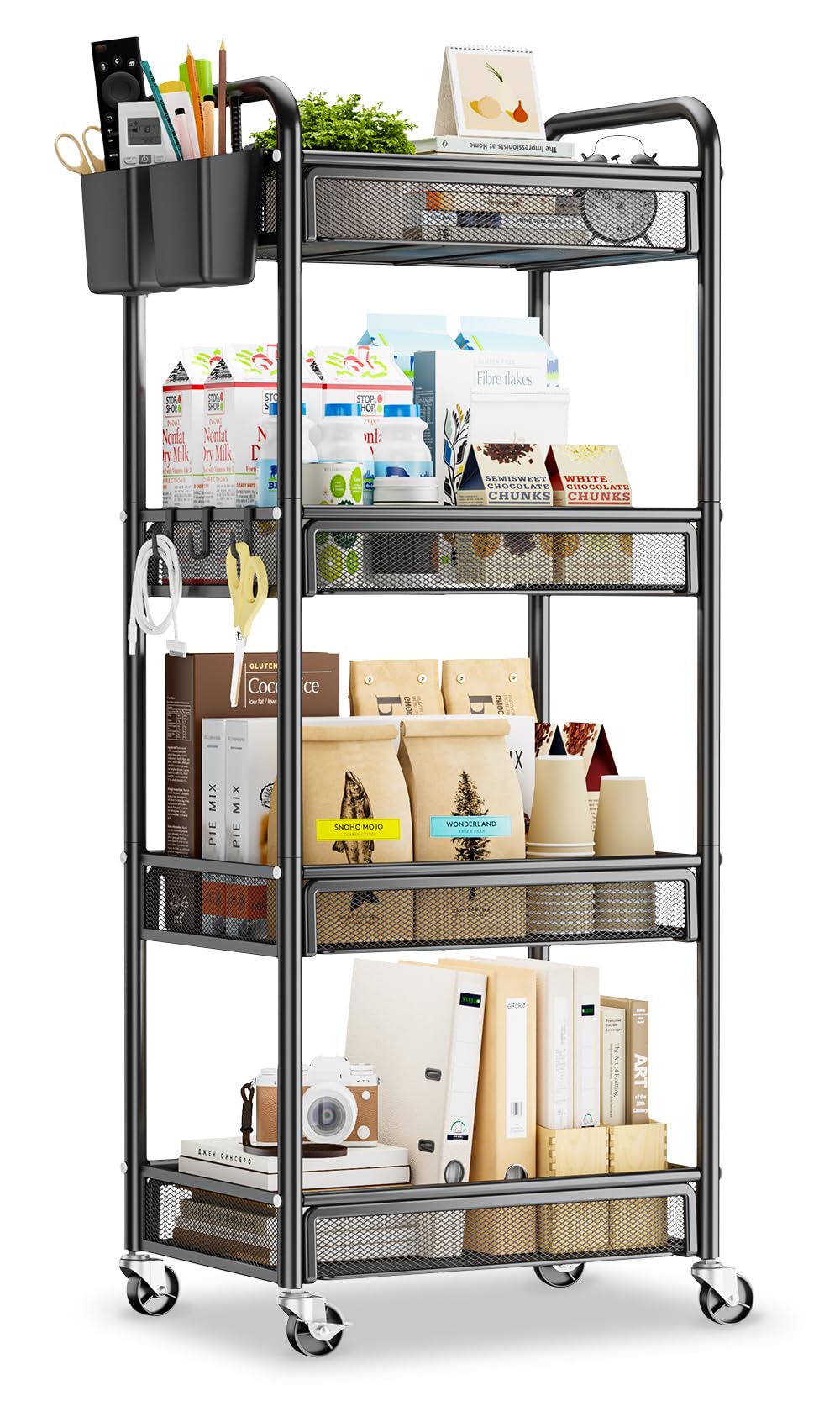 YASONIC 3 Tier Metal Rolling Cart, Black Utility Storage Cart with Wheels