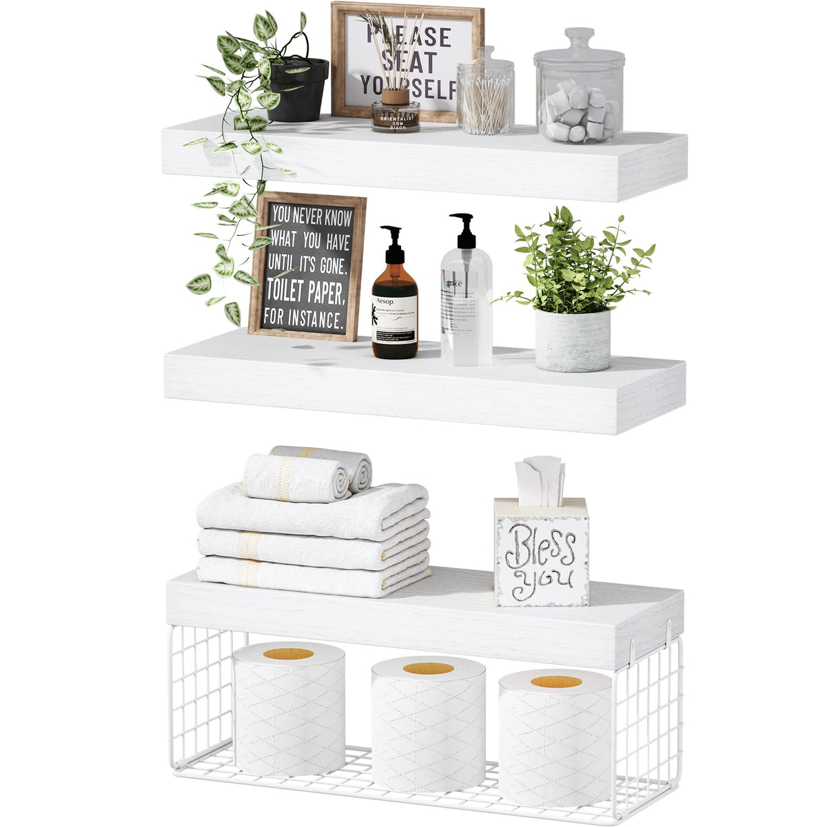 QEEIG Bathroom Shelves Over Toilet Wall Mounted (Brown, Set of 3, 15.7")