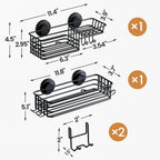 LEVERLOC Shower Caddy Suction Cup, 2 Pack Shower Shelves for Inside Shower with Hooks & Soap Holder, NO-Drilling Bathroom Shower Organizer, Rustproof Meatl Shower Holder Storage, Black