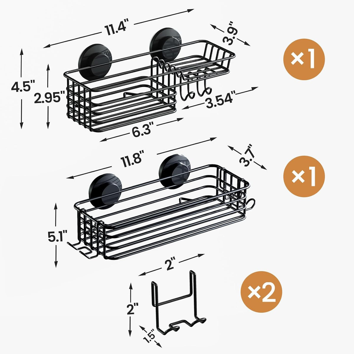 LEVERLOC Shower Caddy Suction Cup, 2 Pack Shower Shelves for Inside Shower with Hooks & Soap Holder, NO-Drilling Bathroom Shower Organizer, Rustproof Meatl Shower Holder Storage, Black