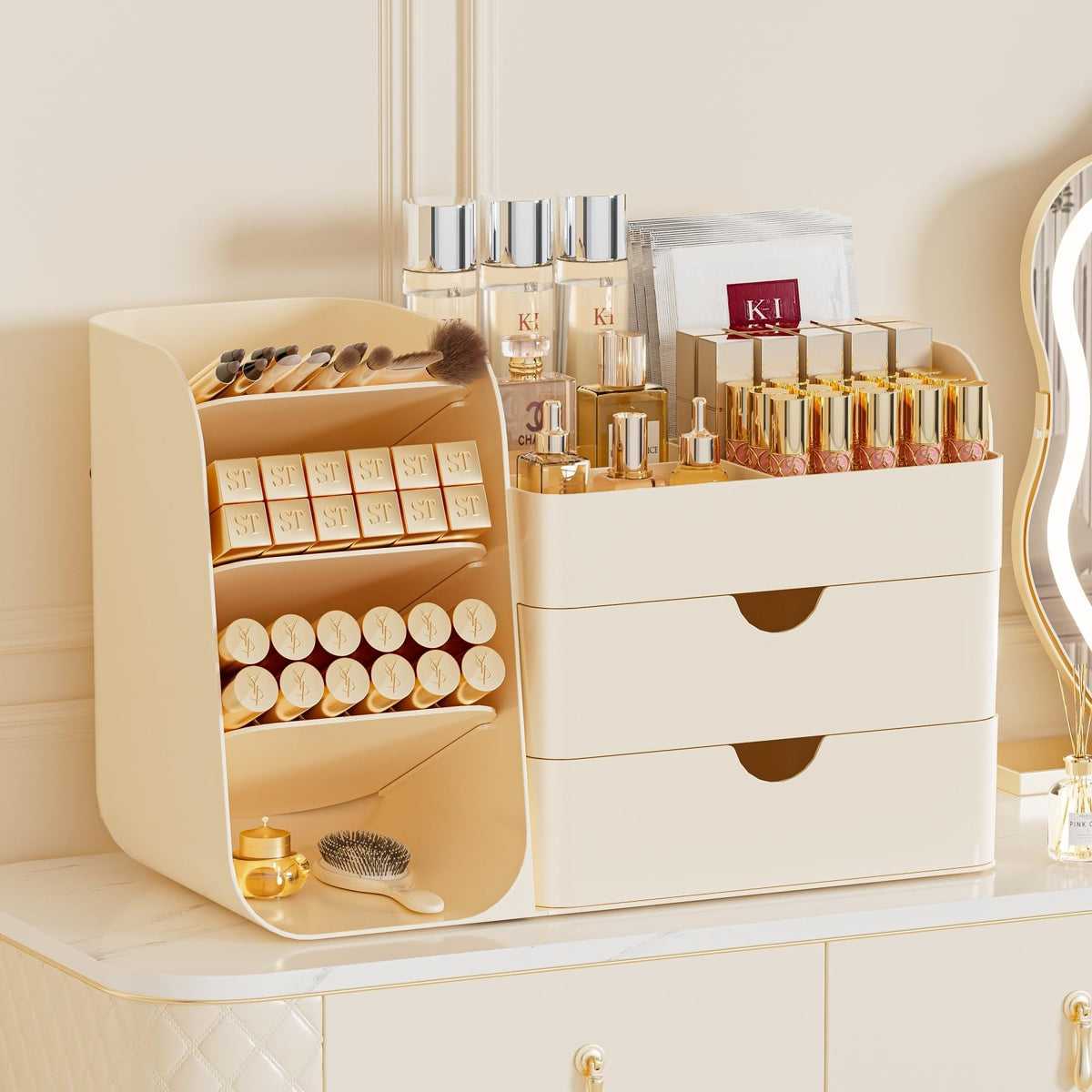 Makeup Organizer for Vanity - Large Skincare Organizers Countertop, Cosmetic Organizer with Brush Holder and 2 Drawer, Makeup Storage for Lipsticks, Nail Polishes, Eyeshadow Palettes, White