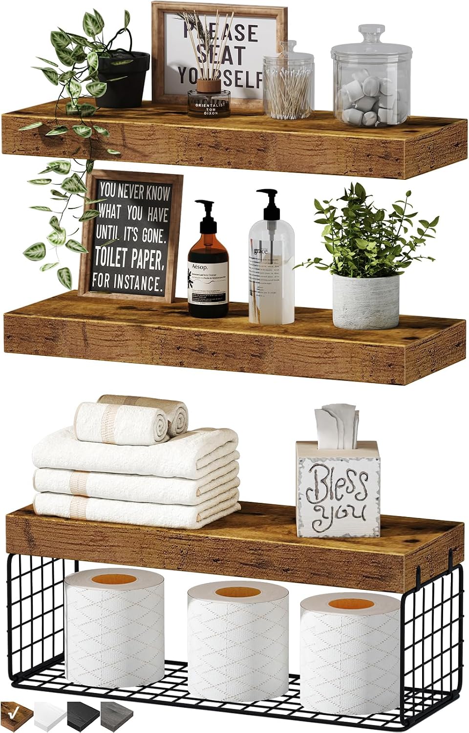 QEEIG Bathroom Shelves Over Toilet Wall Mounted (Brown, Set of 3, 15.7")