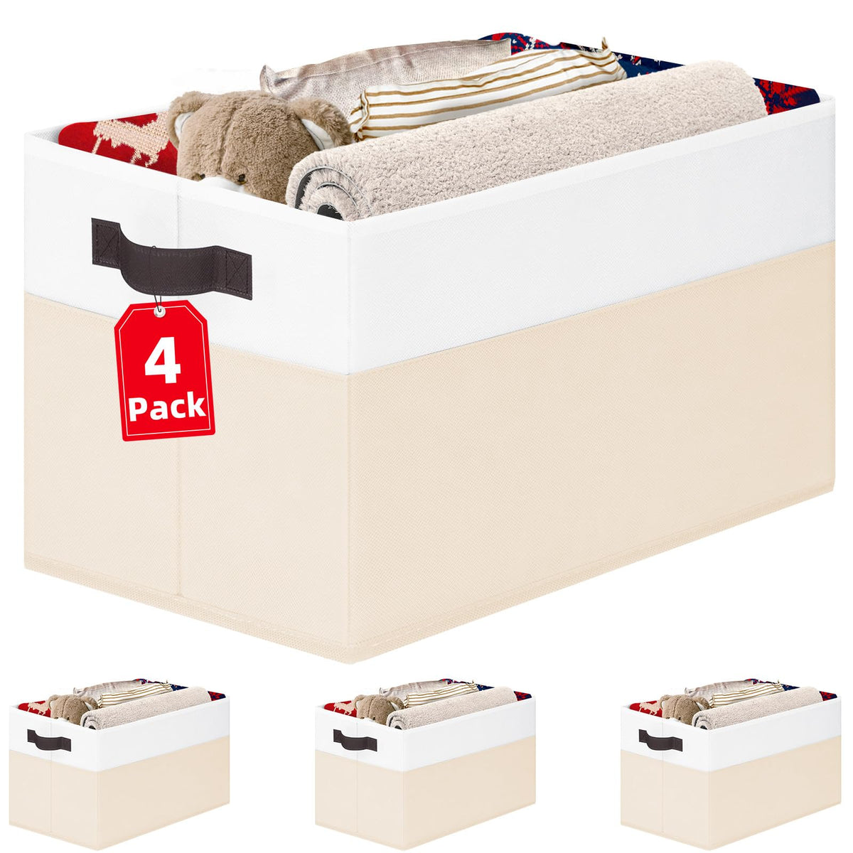 4 Pack Large Closet Storage Baskets Bins for Shelves | Fabric Closet Organizers and Storage with Handles Home Organization | Decorative Collapsible Baskets for Organizing Clothes Toy Nursery 14"x10"