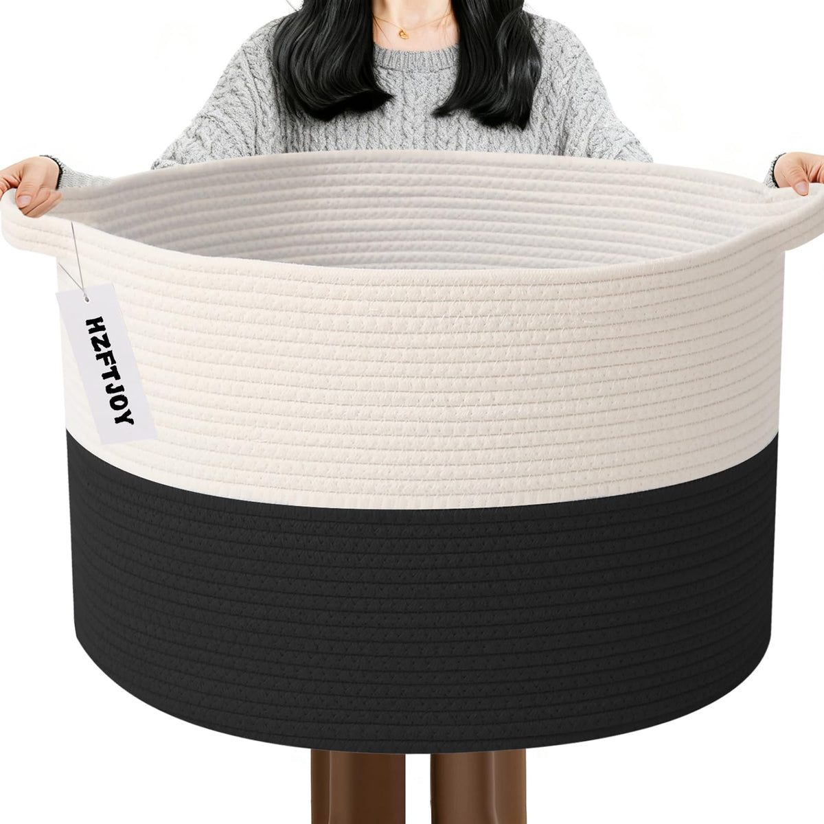 Large Woven Blanket Basket,65L Cotton Rope Laundry Basket