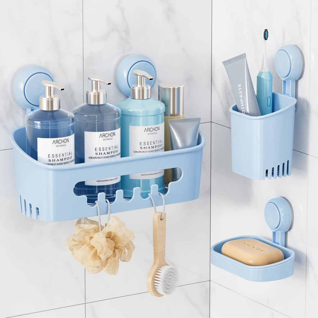 LEVERLOC Shower Caddy Suction Cup, 2 Pack Suction Shower Shelf With Hooks