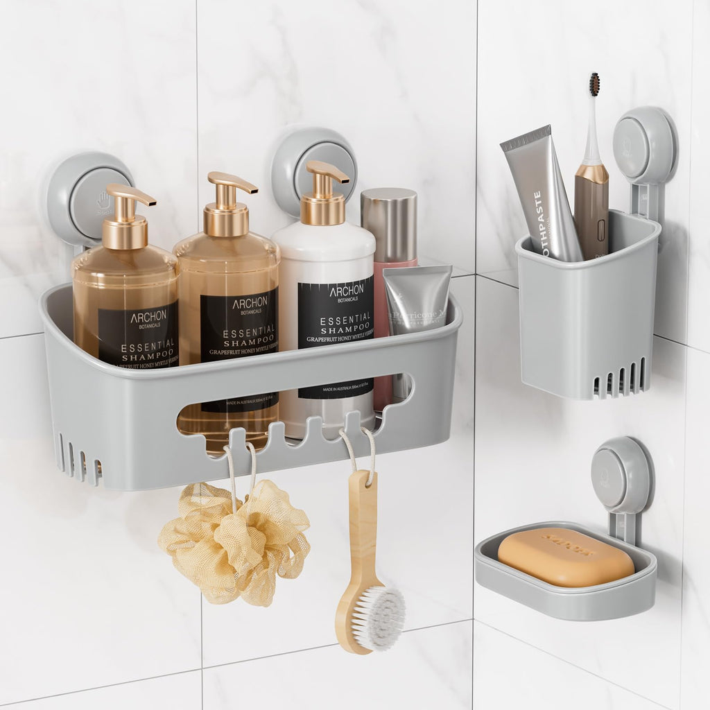 LEVERLOC Shower Caddy Suction Cup, 2 Pack Suction Shower Shelf With Hooks
