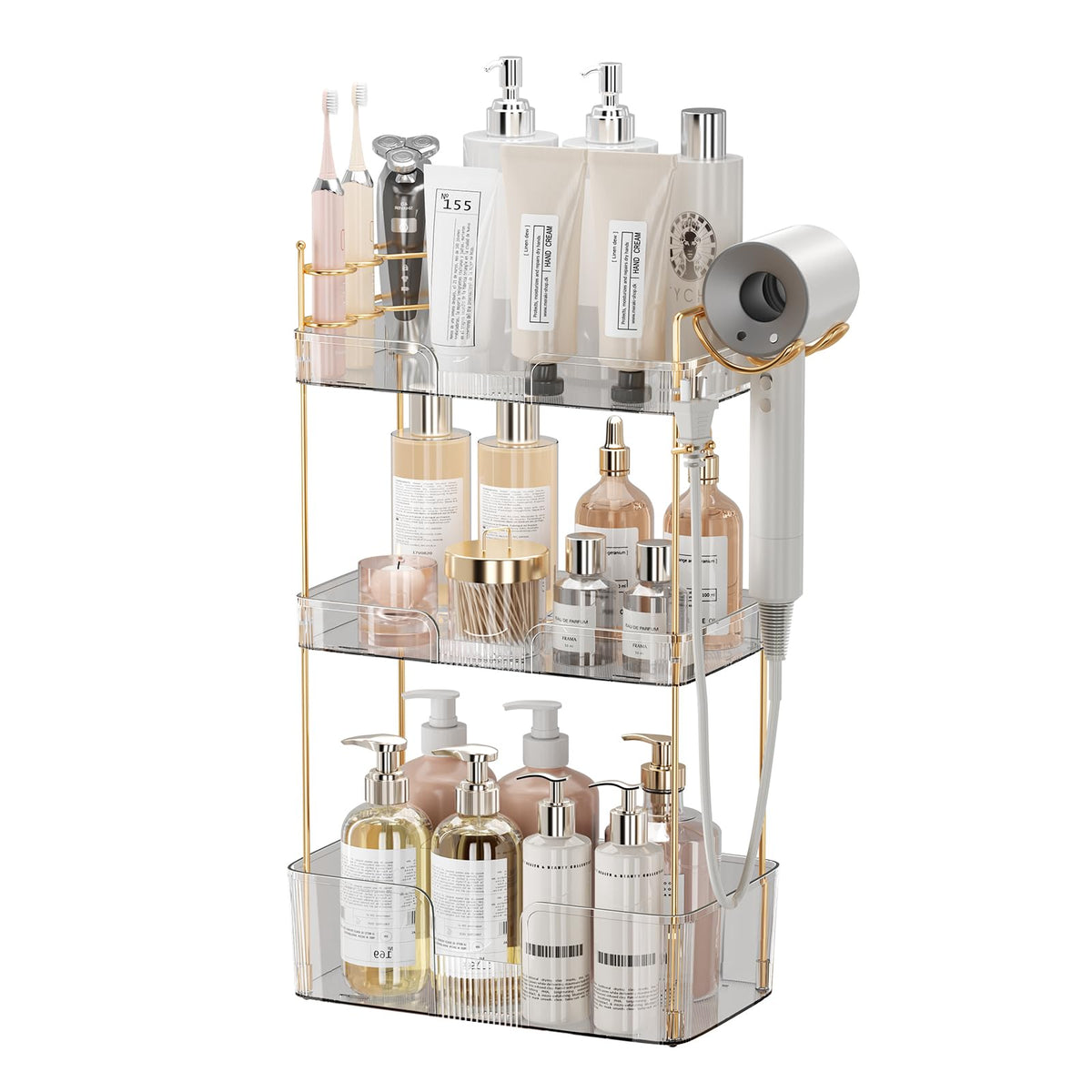 Akinbas 3 Tier Bathroom Organizer Countertop Makeup Perfume Tray Skincare Organizer for Bathroom Dresser Vanity (Grey)