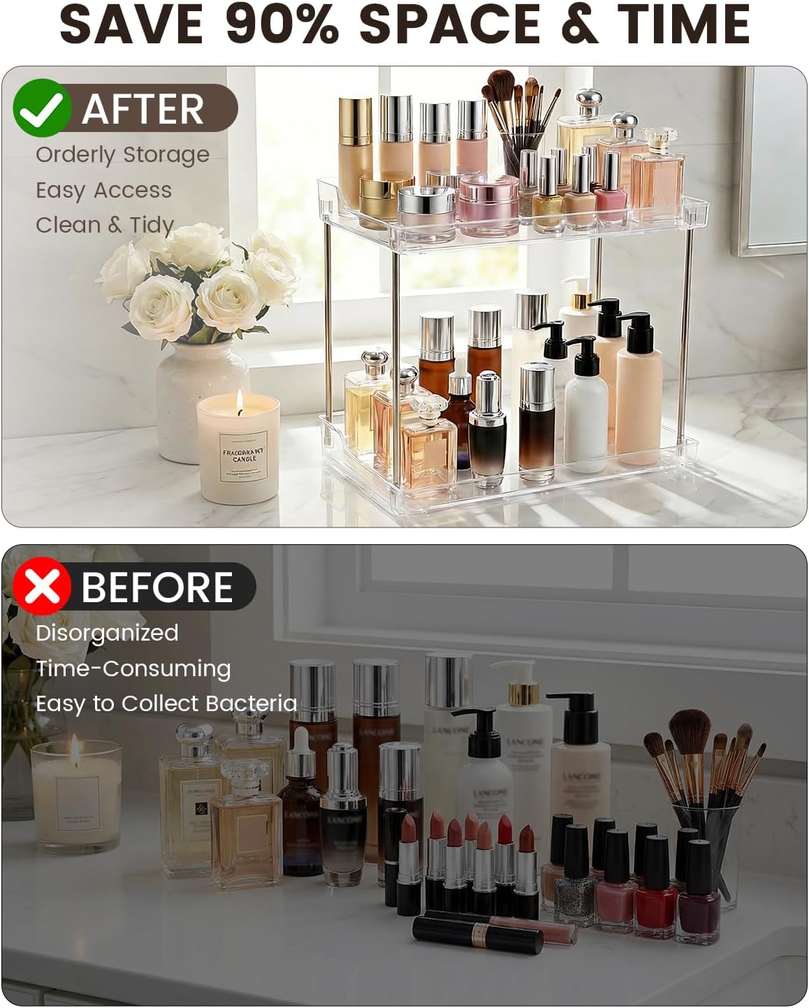 2 Tier Bathroom Counter Organizer, Clear Vanity Shelf Organizer for Skincare & Perfume, Non-Slip Bathroom Counter Shelf for Small Spaces, Bathroom Vanity Organizer Countertop (Rectangular)