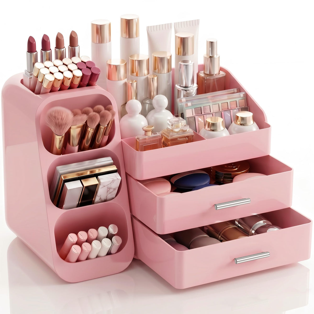 Makeup Organizer for Vanity - Large Skincare Organizers Countertop, Cosmetic Organizer with Brush Holder and 2 Drawer, Makeup Storage for Lipsticks, Nail Polishes, Eyeshadow Palettes, White