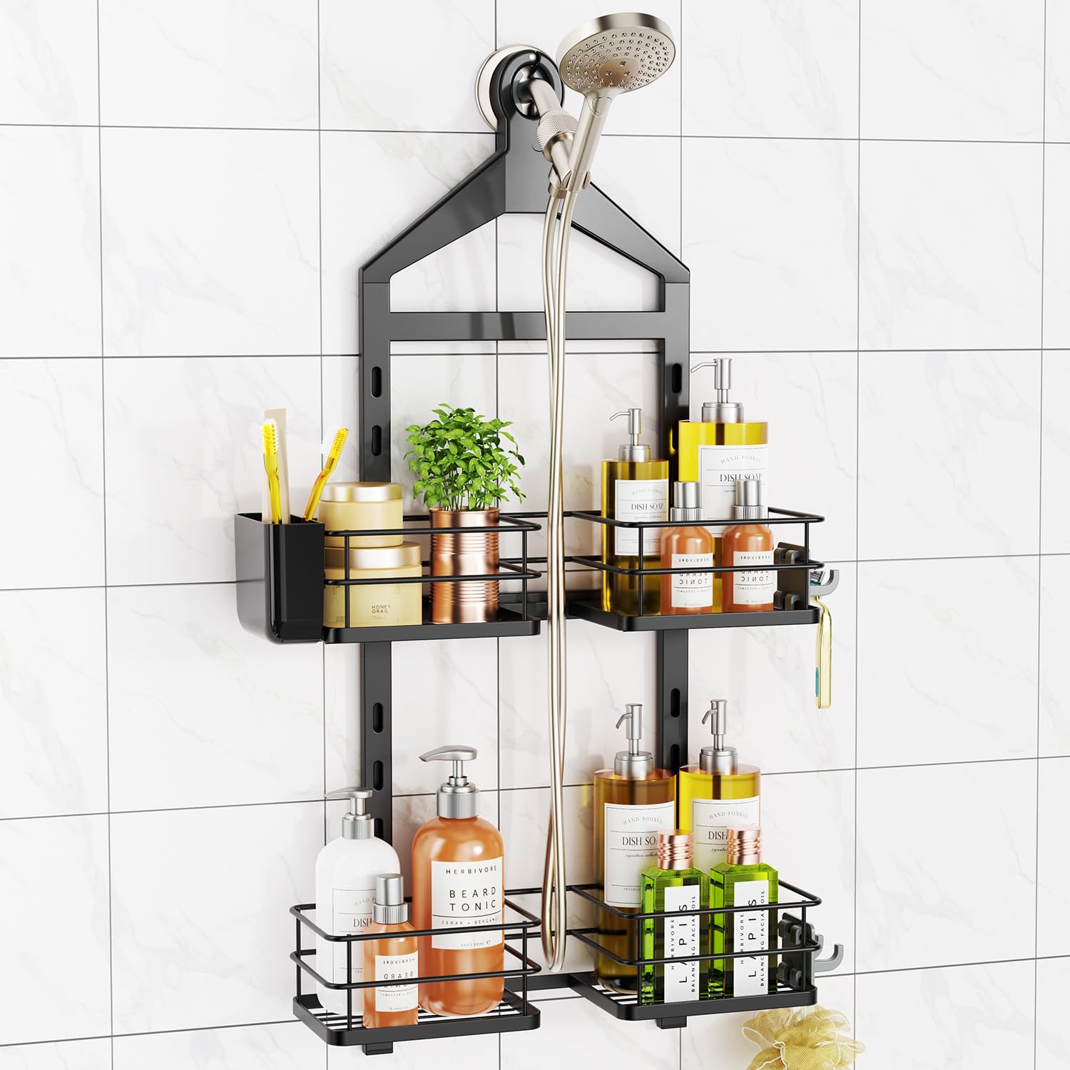 ODesign 4 Tier Adjustable Shower Organizer Hanging Over Showerhead Black