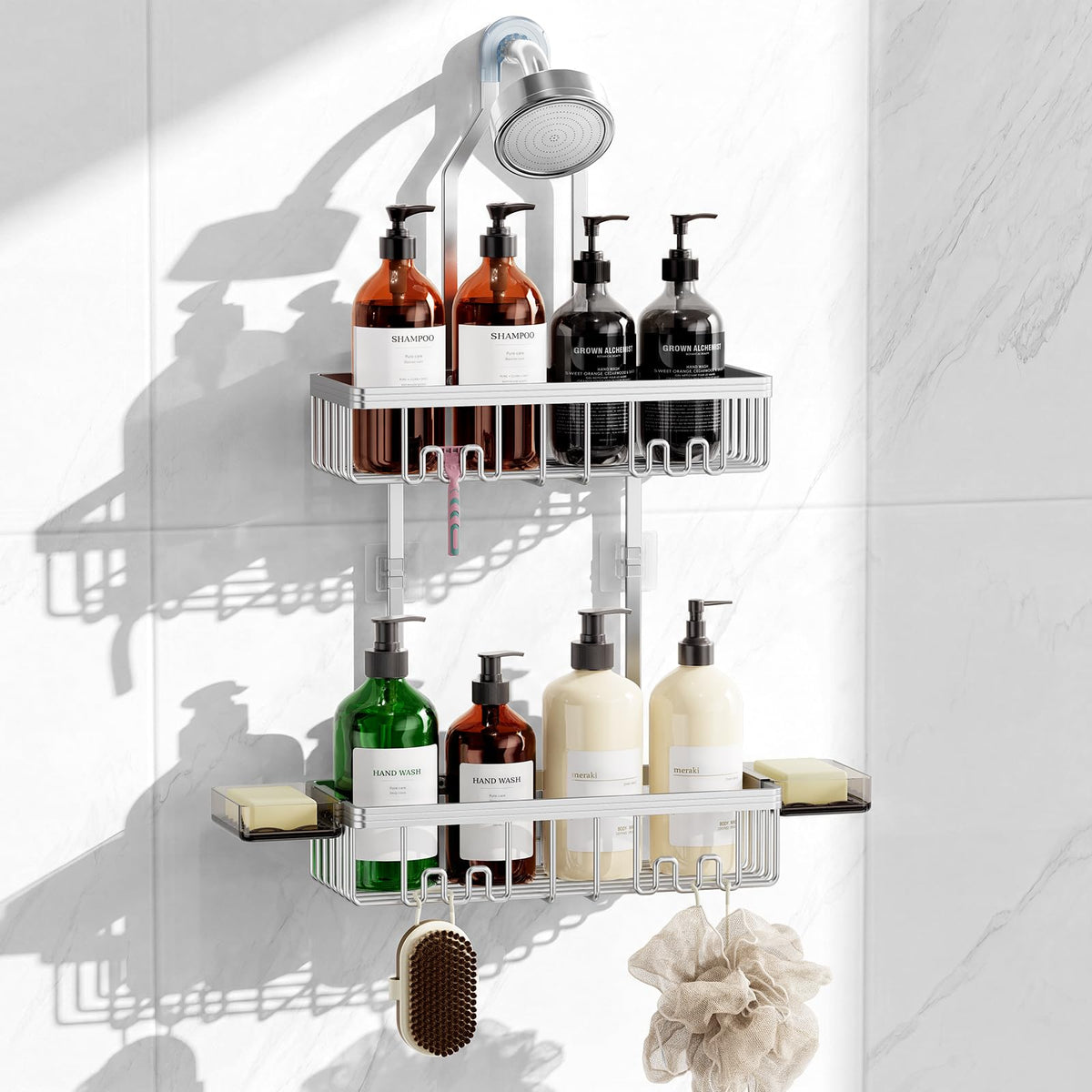 Shower Caddy Hanging, Never Rust Shower Organizer Hanging, Aluminum Shower Racks for Inside Shower with Hooks for Razor, Bathroom Organizers and Storage with Soap Holder, Bright Silver
