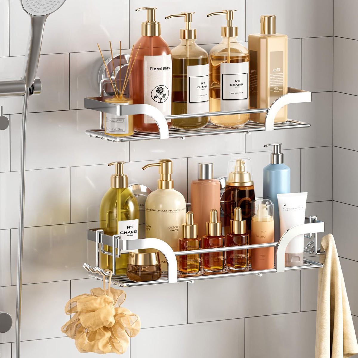 TAILI Shower Caddy Suction Cup 2 Pack with Hooks & Soap holder, Black