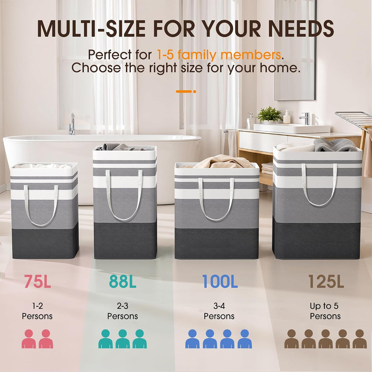 HomeHacks 2 Pack Large Laundry Baskets, Laundry Hampers Bags (Grey 75Lx2)