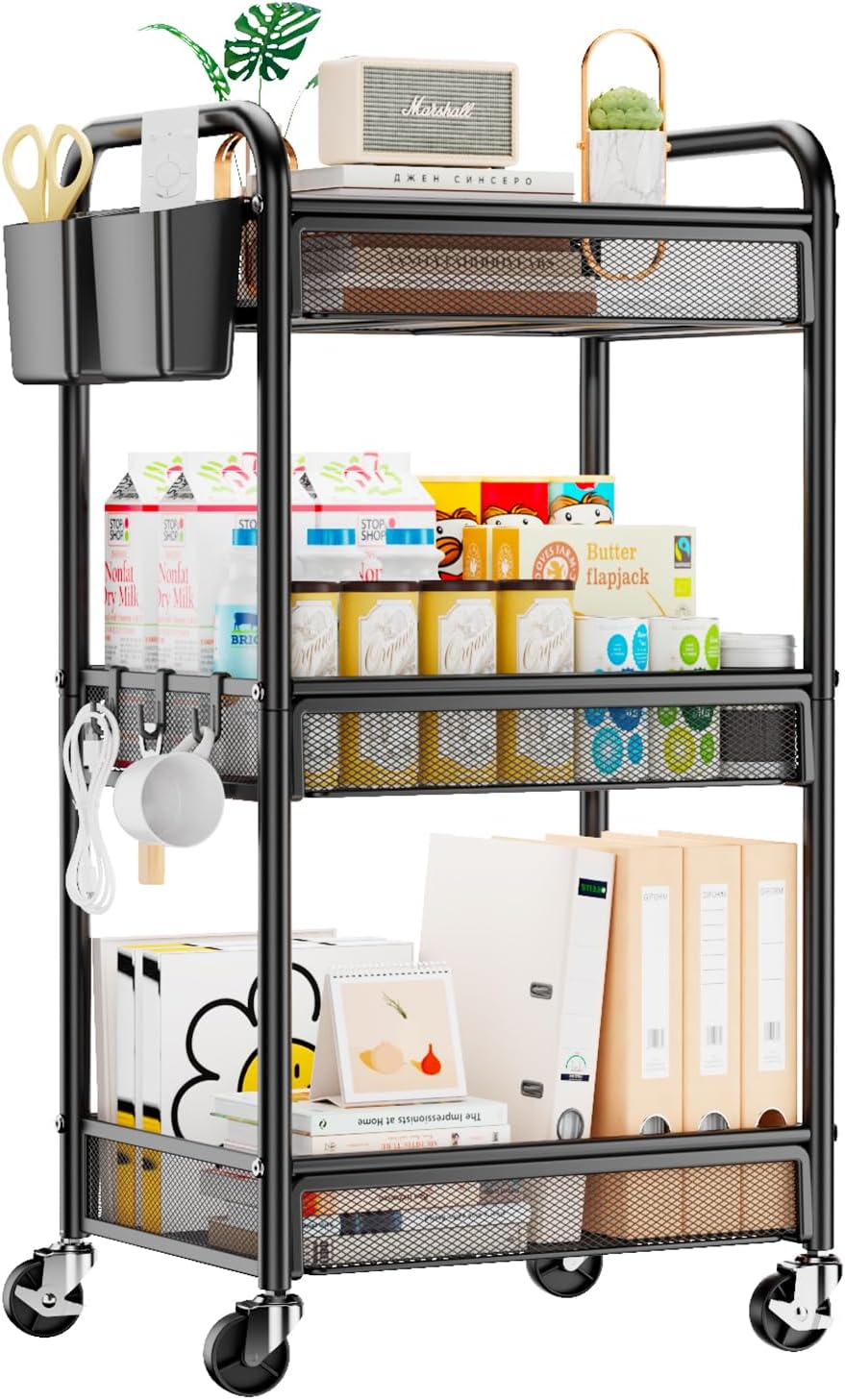 YASONIC 3 Tier Metal Rolling Cart, Black Utility Storage Cart with Wheels