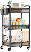 YASONIC 3 Tier Metal Rolling Cart, Black Utility Storage Cart with Wheels