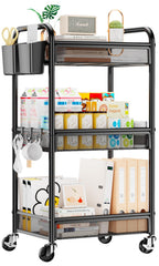 YASONIC 3 Tier Metal Rolling Cart, Black Utility Storage Cart with Wheels