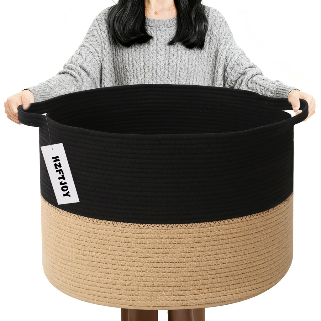 Large Woven Blanket Basket,65L Cotton Rope Laundry Basket
