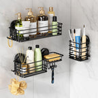 LEVERLOC Shower Caddy Suction Cup, 2 Pack Shower Shelves for Inside Shower with Hooks & Soap Holder, NO-Drilling Bathroom Shower Organizer, Rustproof Meatl Shower Holder Storage, Black