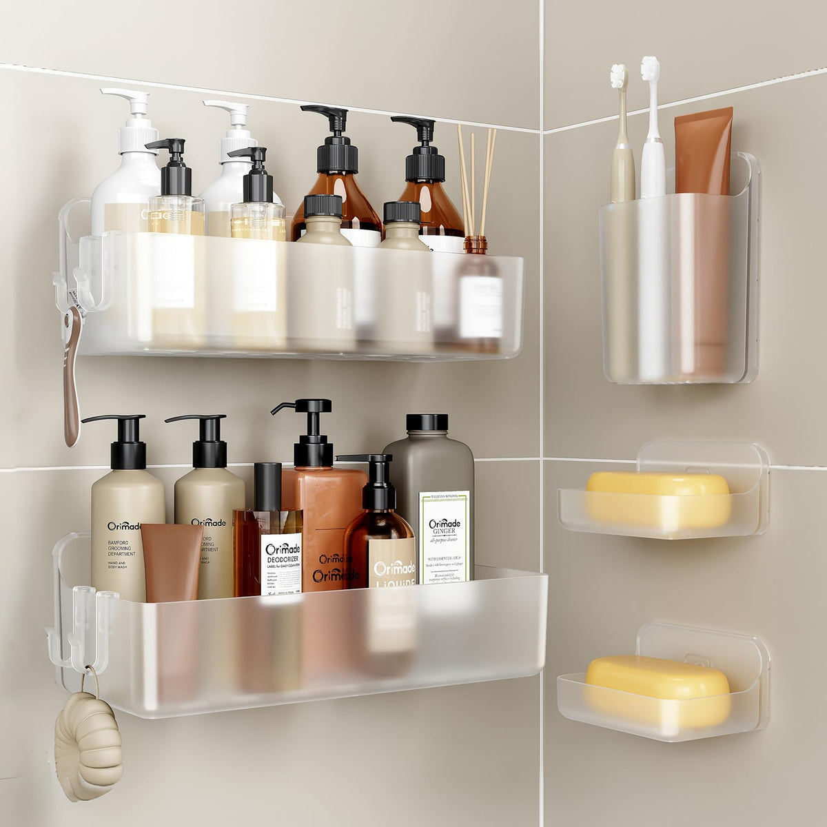 Orimade Shower Caddy 3-Pack, No-Drill Adhesive Shelves with 4 Hooks for Bathroom, Rustproof ABS Plastic Storage Organizer Set, Black