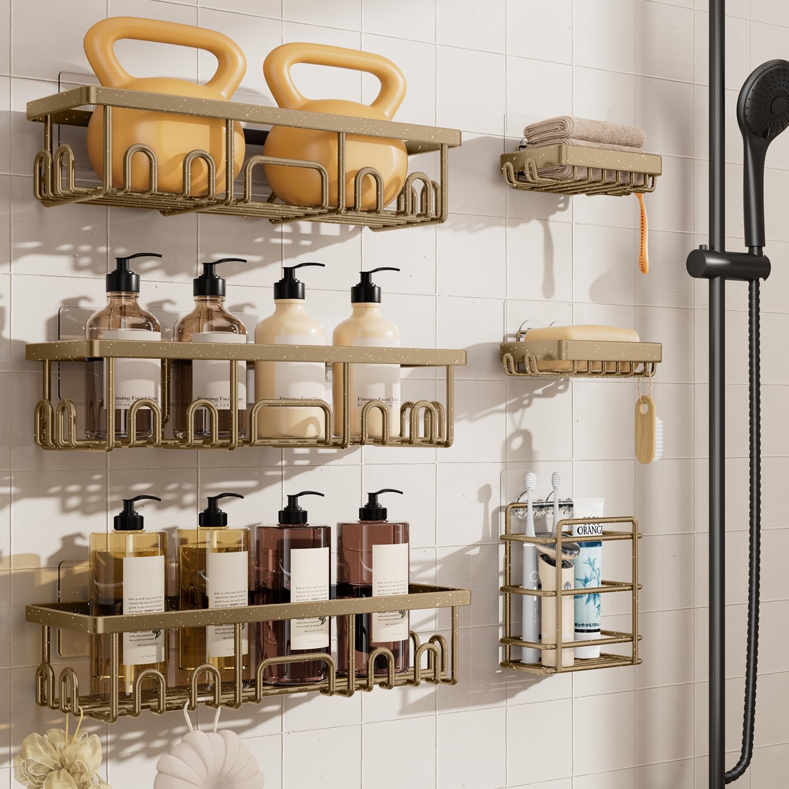 Veken Shower Caddy 6-Pack with Hooks, Bathroom Organizers & Storage, Black