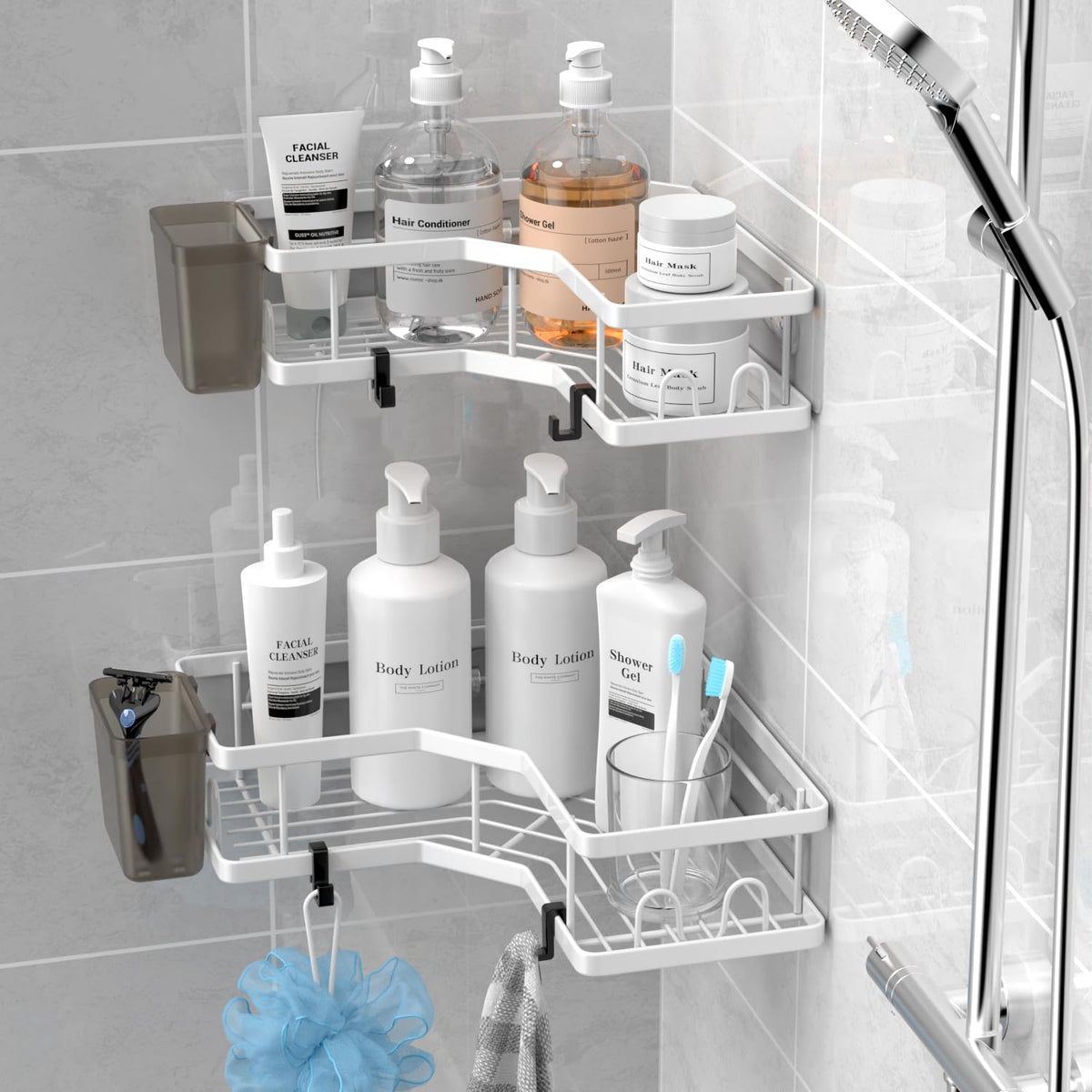 AKTECKE Corner Shower Caddy, 2 Pack Adhesive Shower Corner Organizer Shelves, No Drilling Stainless Steel Shower Storage Rack with Hooks&Toothpaste Holder for Bathroom Kitchen （for 90° Corners Only）