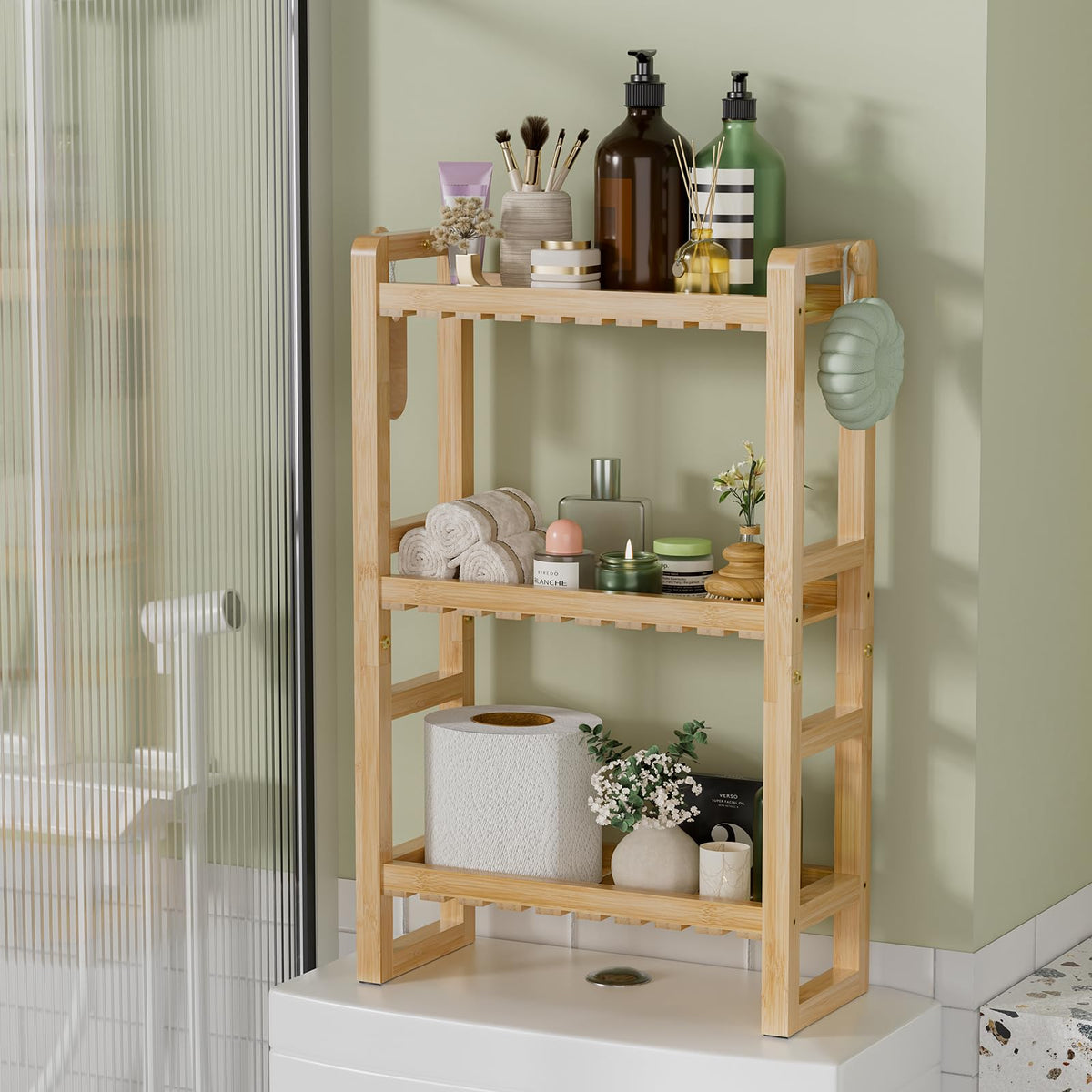 AmazerBath Bamboo Over The Toilet Storage Shelf - 2-Tier Bathroom Organizers and Storage Shelves, 2 in 1 Dual Stable Above Over Toilet Bamboo Shelf Home Storages Rack for Small Bathroom, Space Saver