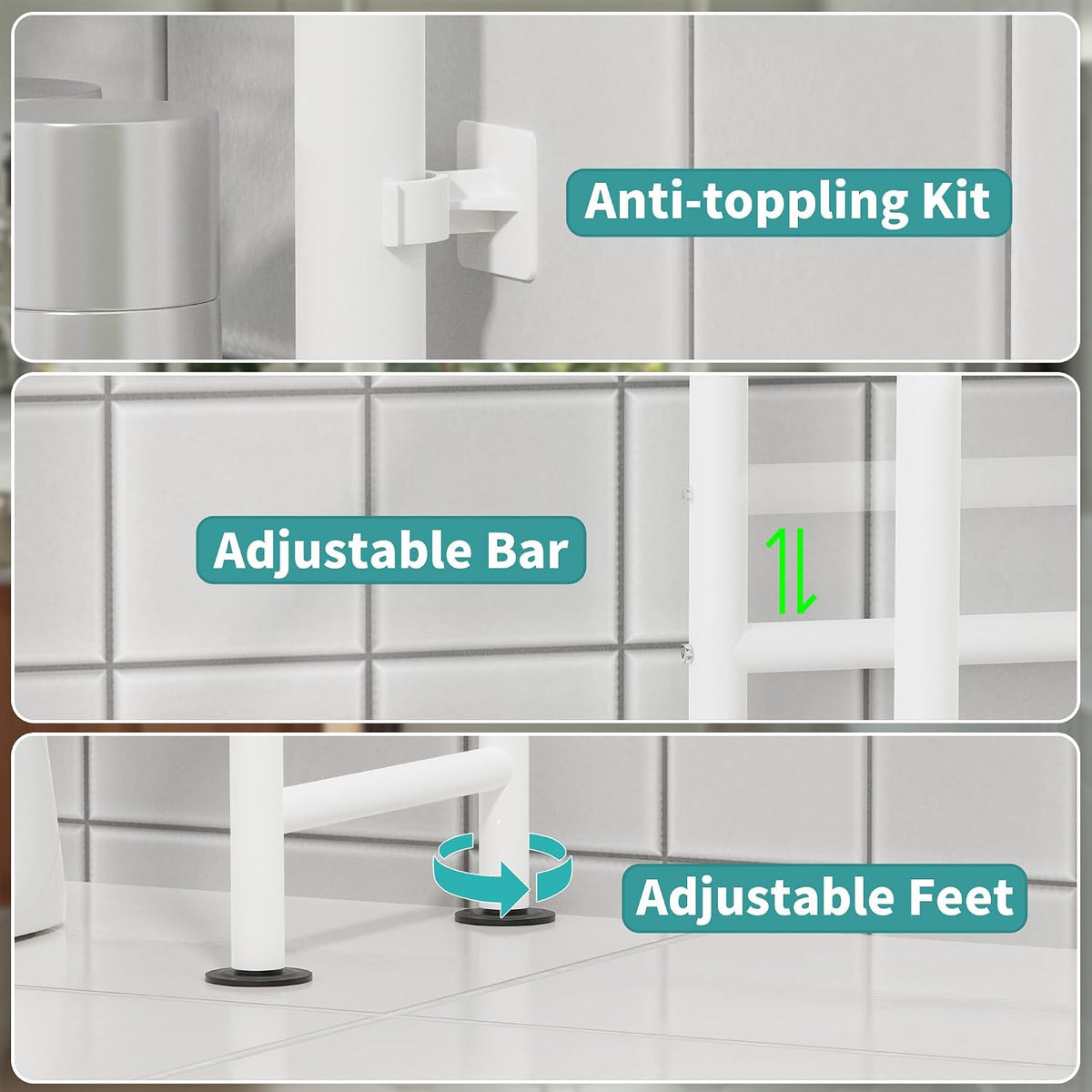 3-Tier Over Toilet Storage, Anti-Tip, 64" H, White