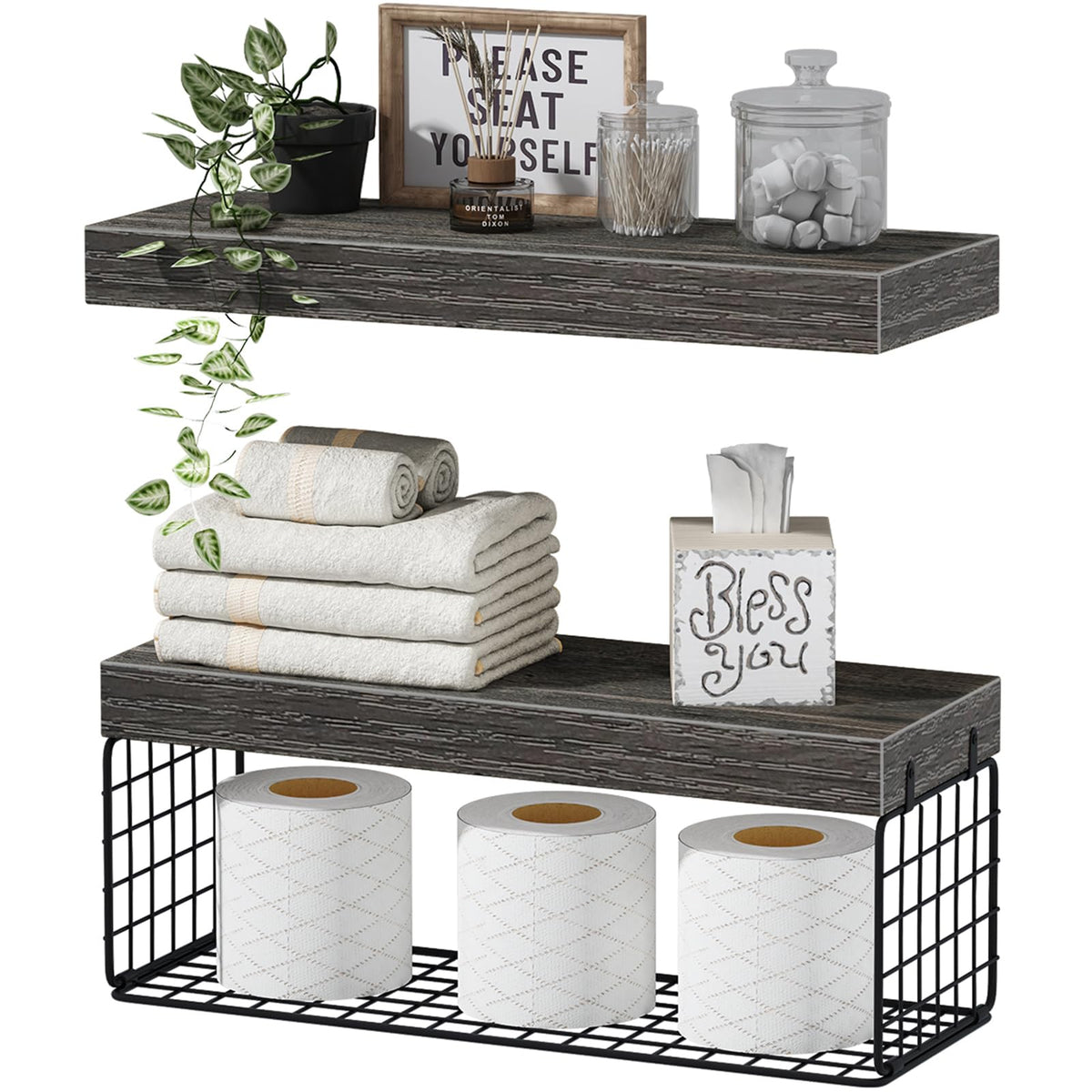 QEEIG Bathroom Shelves Over Toilet Wall Mounted (Brown, Set of 3, 15.7")