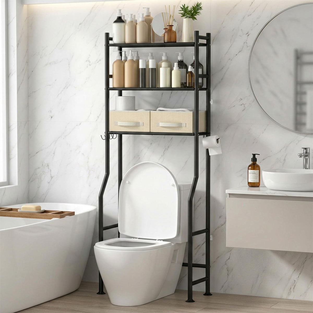 GloTika 3-Tier Over Toilet Storage, Anti-Tilt, 64" H, Black