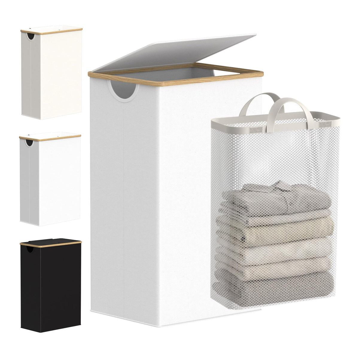 efluky Slim Laundry Basket with Lid, Narrow Laundry Hamper with Removable Bag, Skinny Dirty Clothes Basket with Bamboo Handles for Bathroom, Bedroom & Laundry Room, 75L Beige