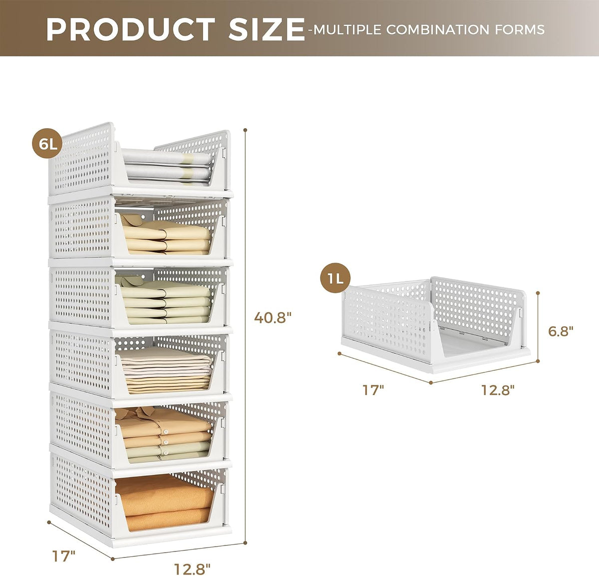 Pinkpum 6 Pack Closet Organizer Storage Bins Stackable Plastic Drawer Shelf