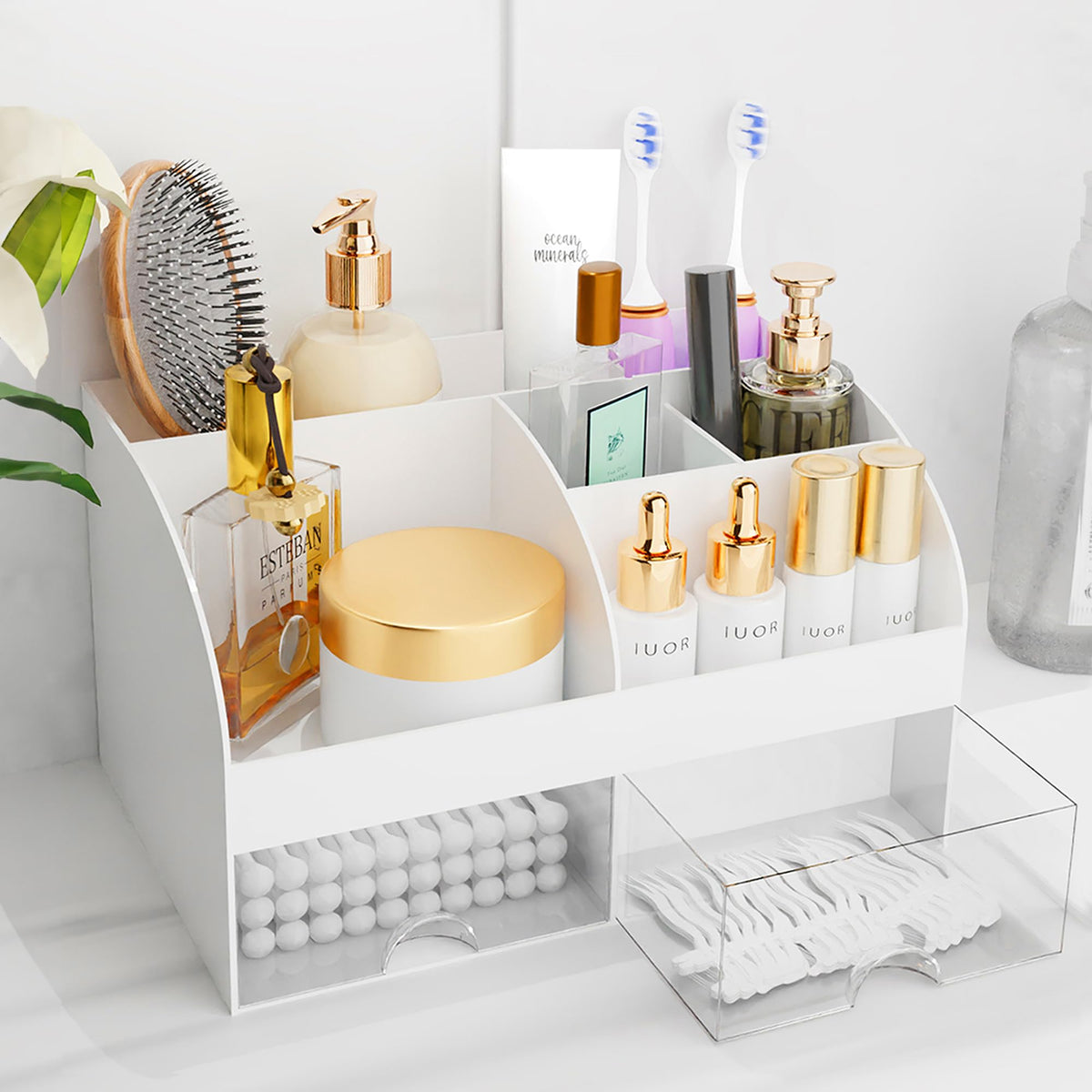 Makeup Organizer with Drawers, Cosmetic Storage for Dresser Vanity and Bathroom Countertop, Beauty Holder for Lipstick Brush, Skincare Organizer for Vanity, Cosmetic Display Case (Black)