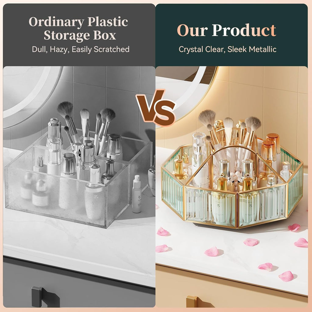 CoralHouse Rotating Glass Makeup Organizer for Vanity with Brush Holder