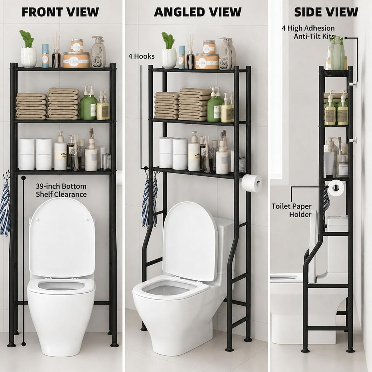 GloTika 3-Tier Over Toilet Storage, Anti-Tilt, 64" H, Black