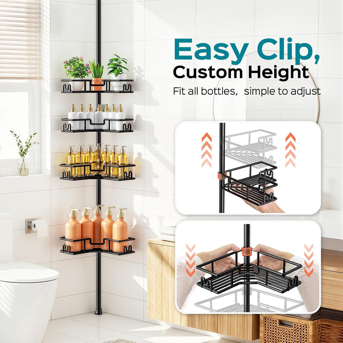 HAMITOR Shower Caddy Tension Pole: 4-Tier Adjustable Corner Organizer Black