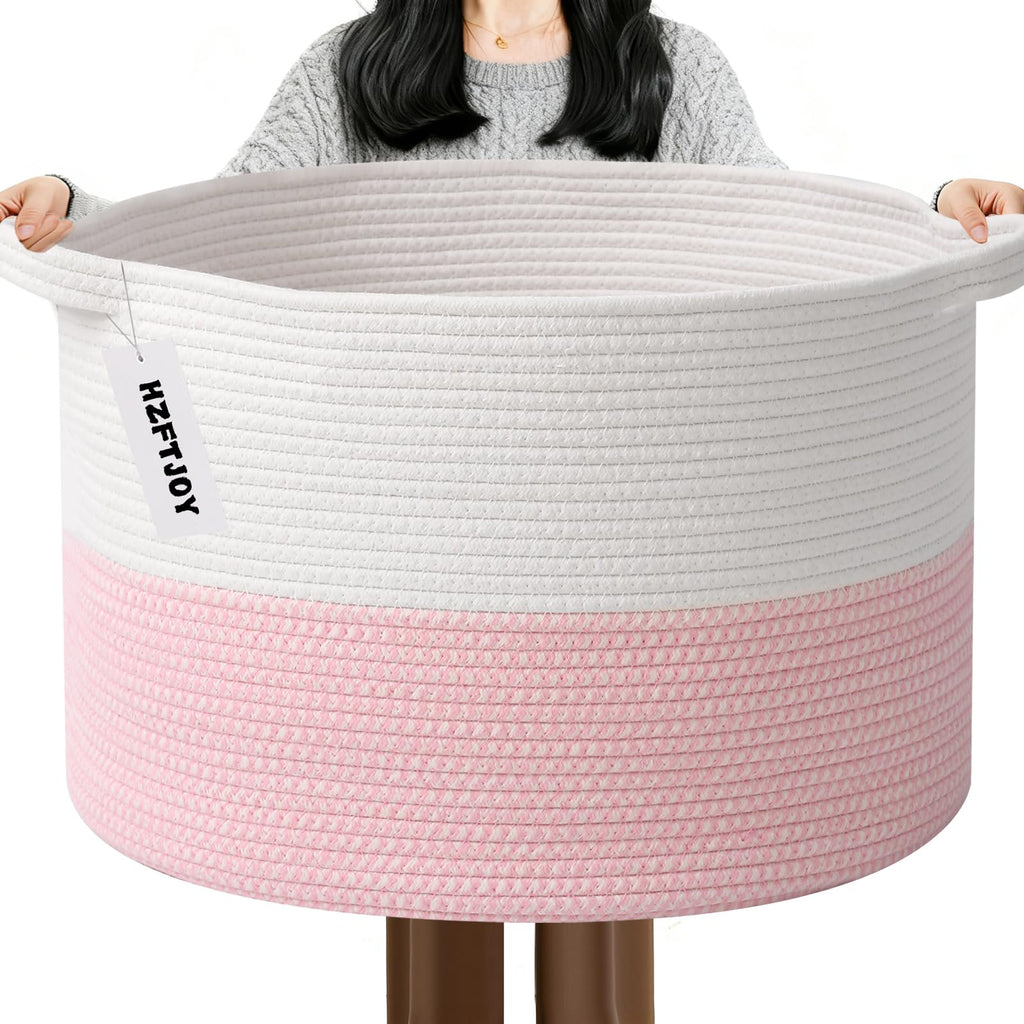 Large Woven Blanket Basket,65L Cotton Rope Laundry Basket