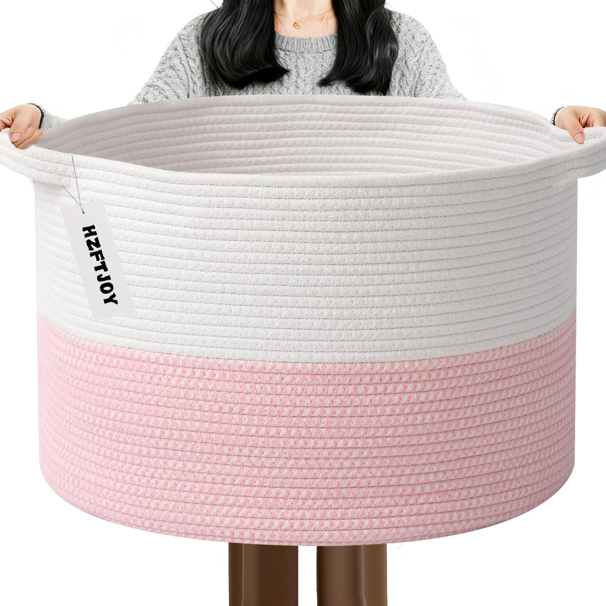 Large Woven Blanket Basket,65L Cotton Rope Laundry Basket