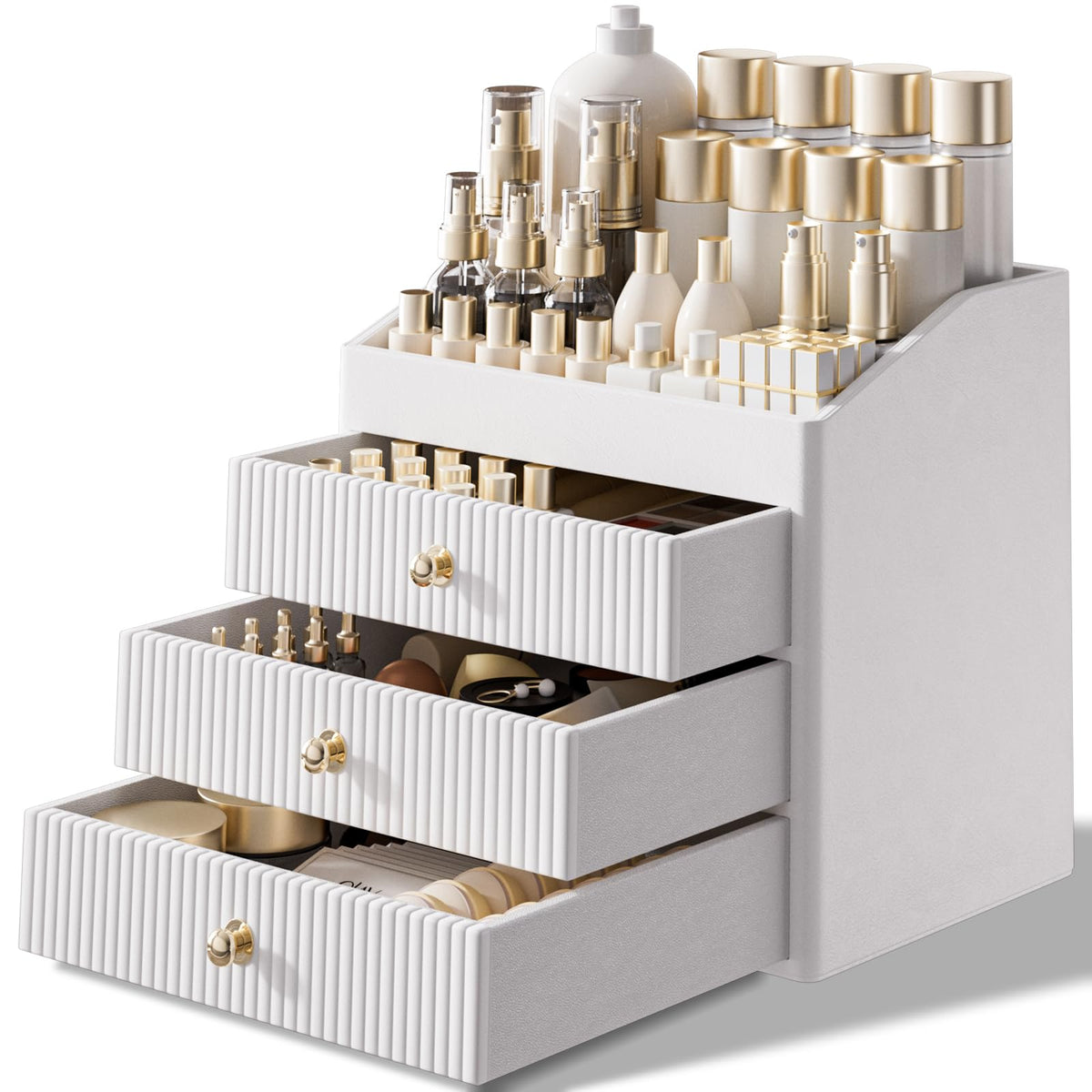 LADSTAG Vanity Organizers,Luxury Skincare Organizer with 3 Tier Drawers,Beige White Large Capacity Cosmetic Organizer Countertop for Makeup Brush,Dresser,Bedroom,Bathroom,Mom Gifts,Mom Birthday Gifts
