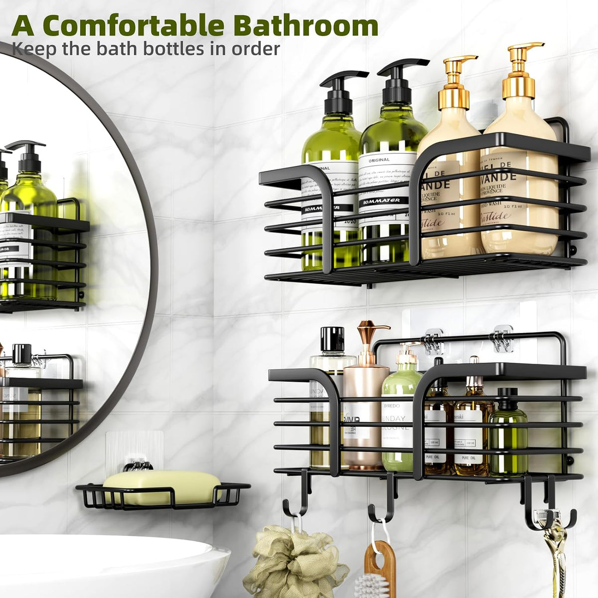 Yougai Shower Organizer with Soap Holder and Hooks for Bathroom (Black)