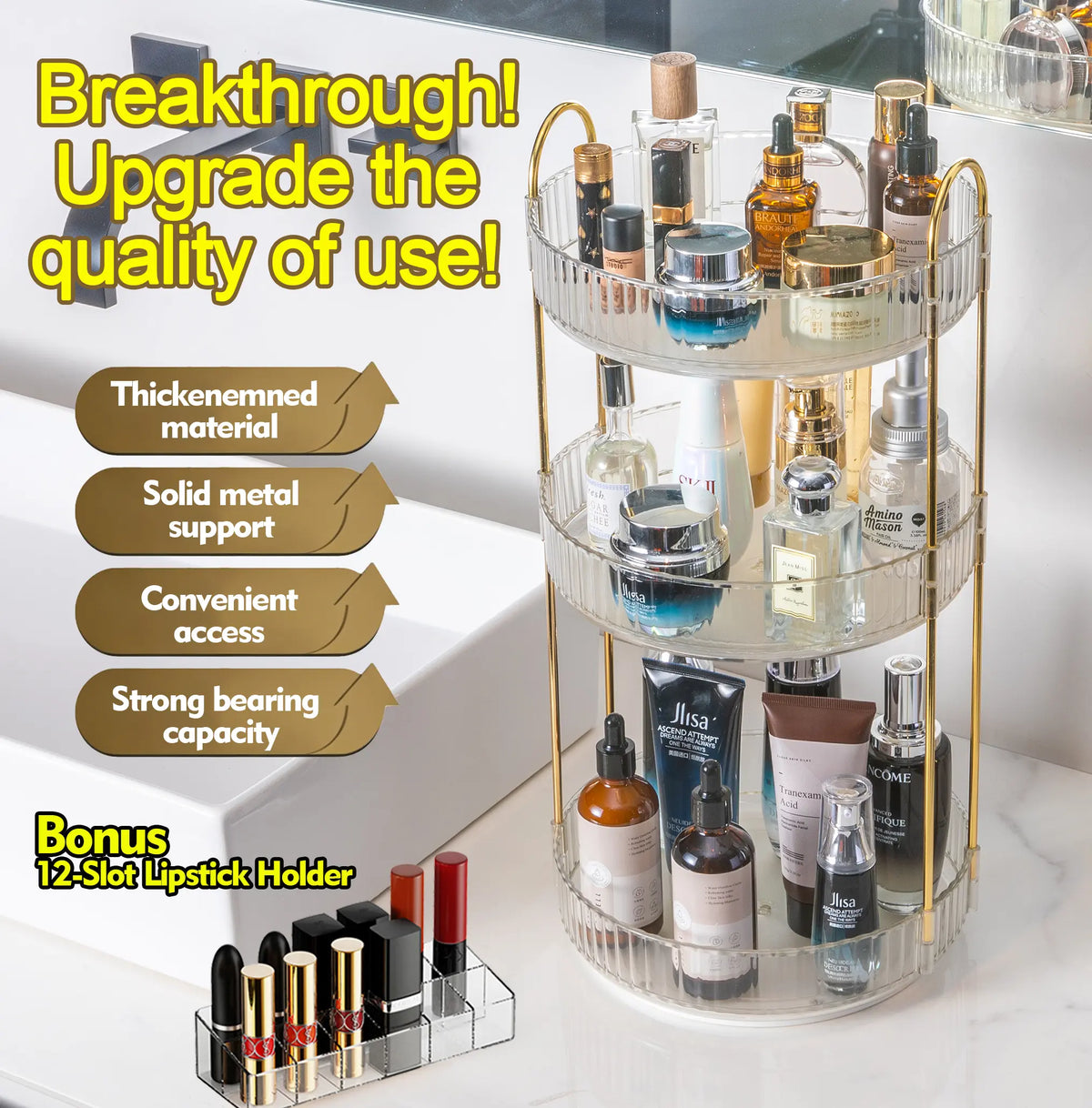 GooBird 360° Rotating Round Metal Makeup Tool Organizer Storage, User-Friendly Collapsible Stackable Vanity Shelf with Bonus 12-Slot Lipstick Holder, Multifunctional Bin for Makeup, Perfume, Skincare, Bathroom Birthday Gift for Girlfriend, Collapsible Sto