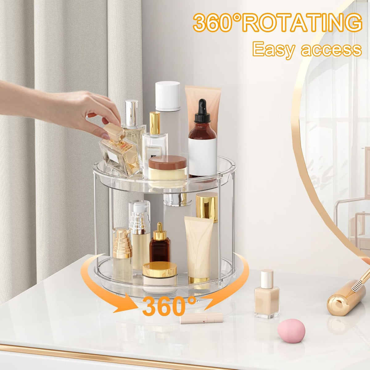 360 Rotating Makeup Organizer, 2 Tier Skincare & Perfume Holder for Bathroom Counter, Clear Spinning Vanity Tray, Lazy Susan Turntable Organizer for Dresser, Kitchen Cabinet