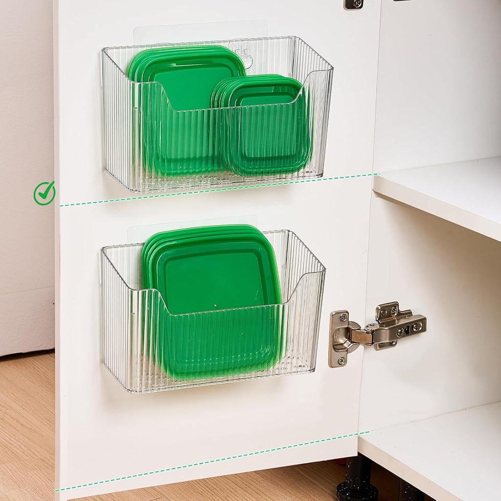 Sinnsally 2 Pack Cabinet Door Organizer,Self Adhesive Lid Organizer Inside Cabinet Storage Boxes,Stackable Hanging Basket Bins Wall Mounted Shower Caddy Holder for Kitchen,Bathroom,Pantry(Clear White)