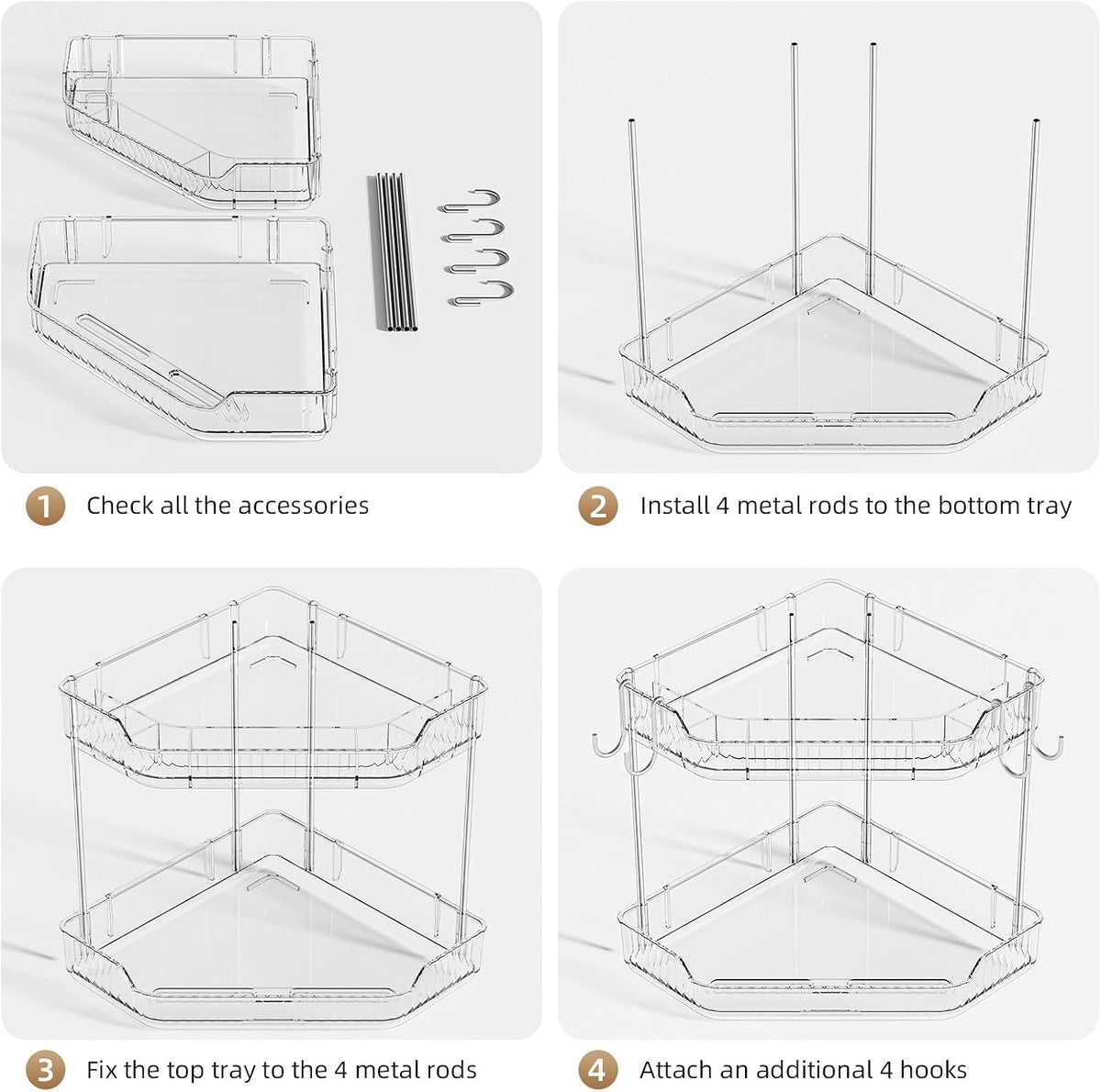 VITVITI 2 Tier Corner Bathroom Counter Organizer, Bathroom Countertop Organizer Storage for Sink, Plastic Makeup Organizer for Vanity Countertop Kitchen with Hooks, Clear