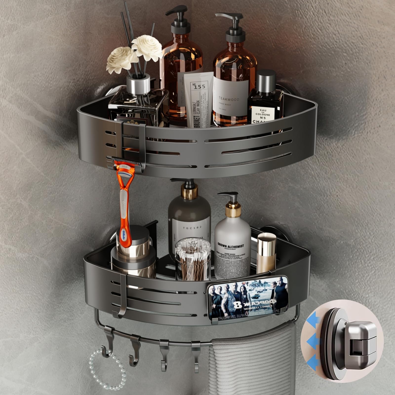 Voldra Shower Caddy Suction Cup, 2 Pack Shower Shelves for Inside Shower No Drilling, Aluminum Suction Showers Organizer with Towel Bar & Hooks Removable Bathroom Shelf Storage Rack(Gray)