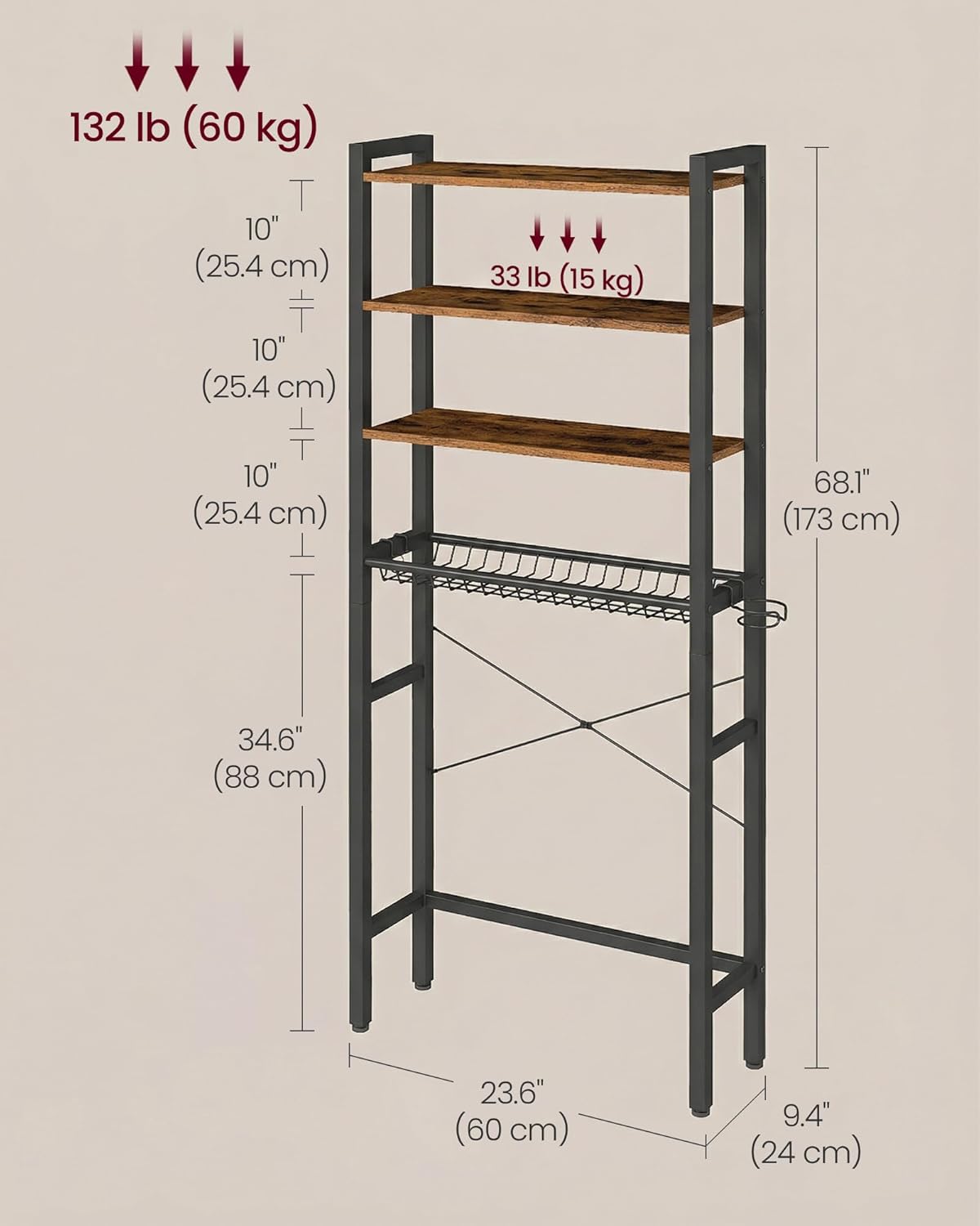 VASAGLE 4-Tier Over the Toilet Storage, Adjustable Shelves, Basket, 68.1''H