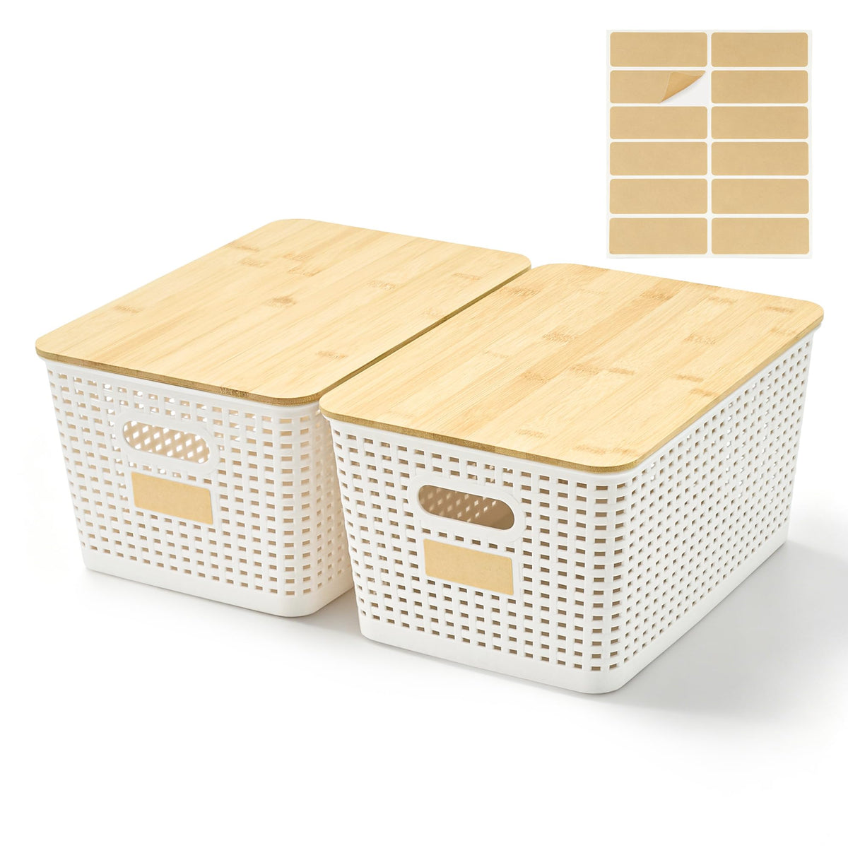 Bagnizer Small Plastic Storage Bins with Bamboo Lids 5.2qt Stackable Box Basket Pantry Decorative Containers Cute with Labels for Organizing Desktop Closet Office Cream White of 6 packs 10*7.2*4.1"