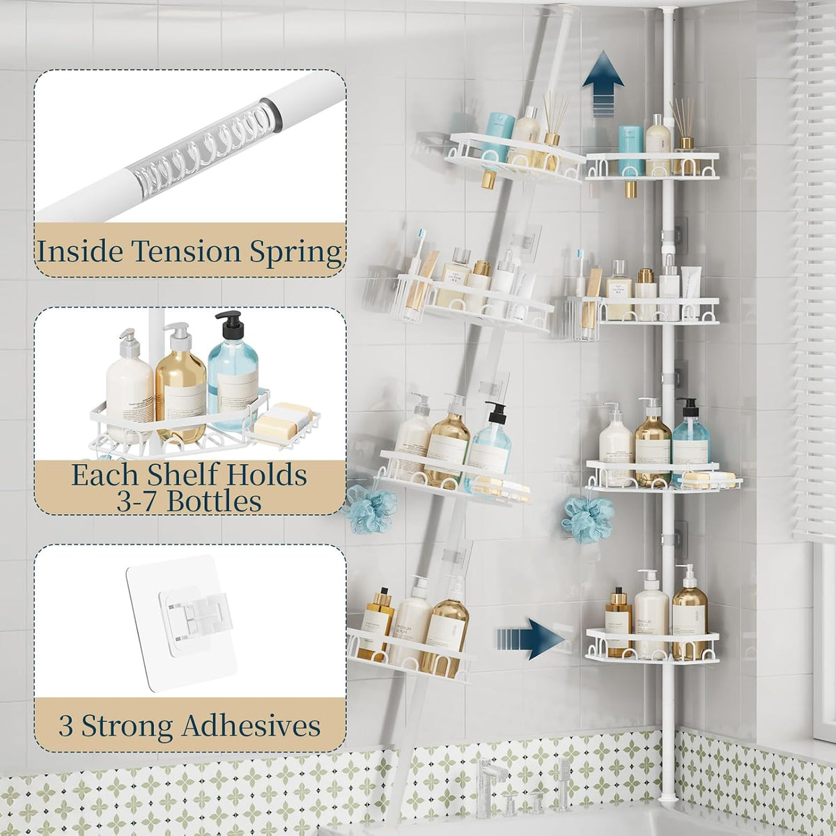 Consumest Shower Caddy Tension Pole - 4 Tier Corner Shower Shelves with Brush & Soap Holder, 304 Stainless Steel Rustproof Adjustable Organizer Rack for Bathtub, Bathroom, 27.6-108.3 Inch, White