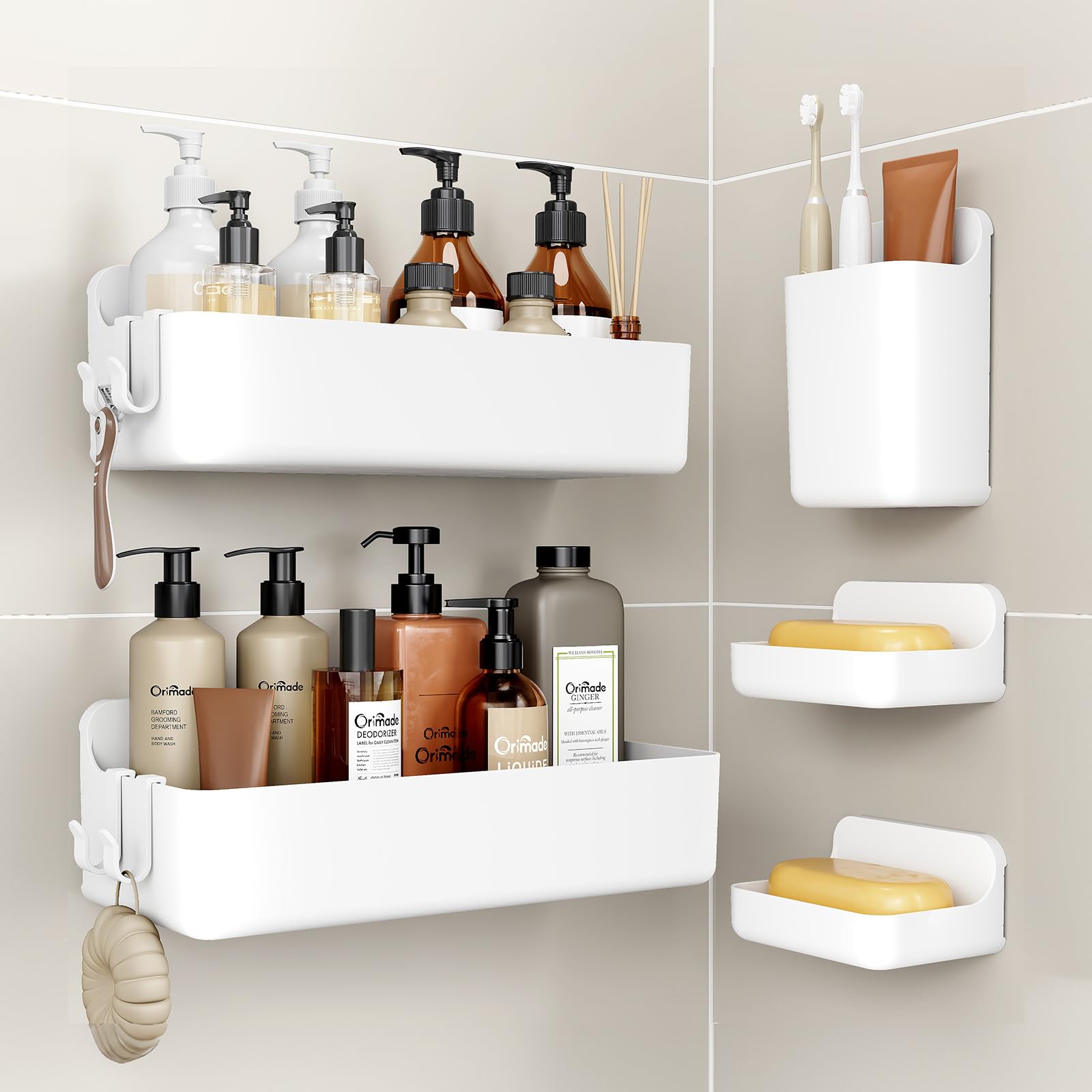 Orimade Shower Caddy 3-Pack, No-Drill Adhesive Shelves with 4 Hooks for Bathroom, Rustproof ABS Plastic Storage Organizer Set, Black