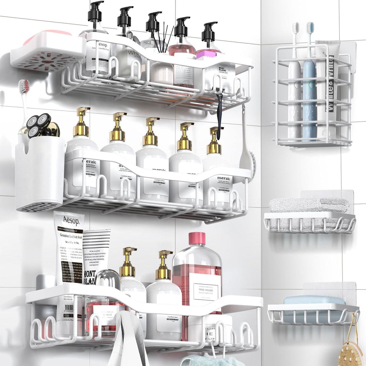 NESOMI 7-Pack Shower Caddy Adhesive,Stainless Steel Shower Organizer Shelf