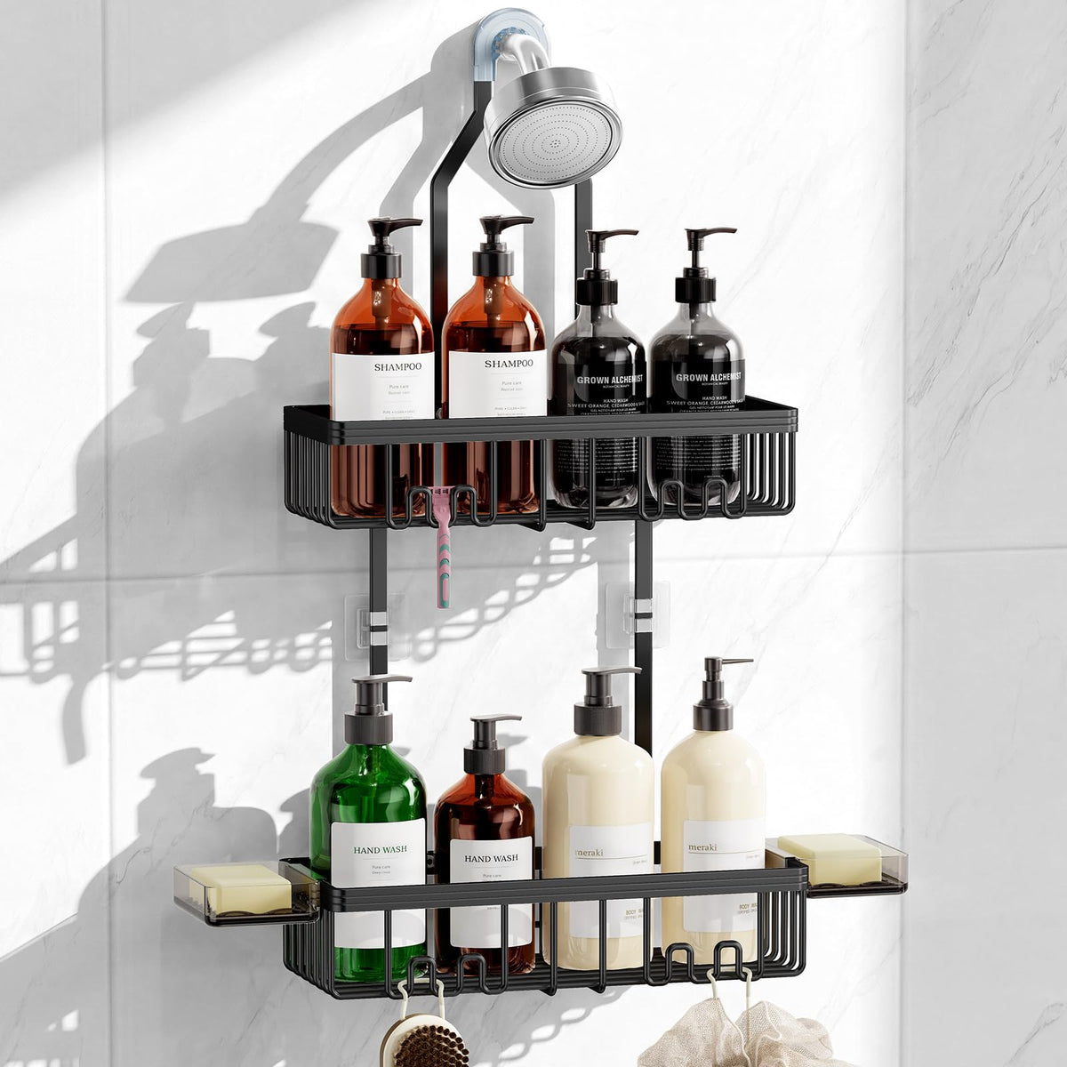 Shower Caddy Hanging, Never Rust Shower Organizer Hanging, Aluminum Shower Racks for Inside Shower with Hooks for Razor, Bathroom Organizers and Storage with Soap Holder, Bright Silver